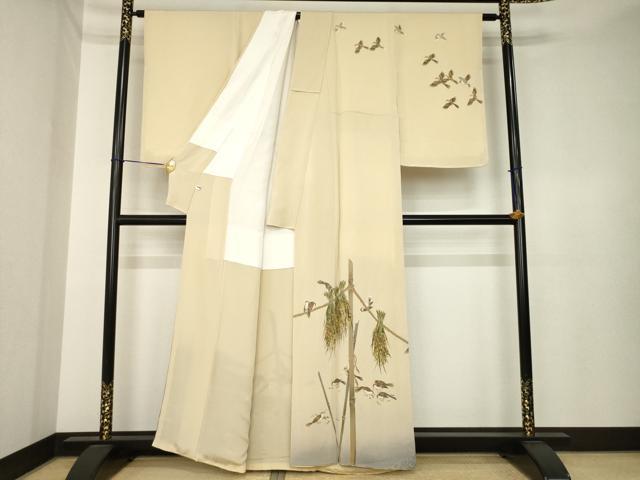 平和屋着物●友禅作家　茂野大生　訪問着　雀　すずめ　鬼しぼ縮緬　正絹　逸品　AABK4463ck