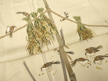 平和屋着物●友禅作家　茂野大生　訪問着　雀　すずめ　鬼しぼ縮緬　正絹　逸品　AABK4463ck
