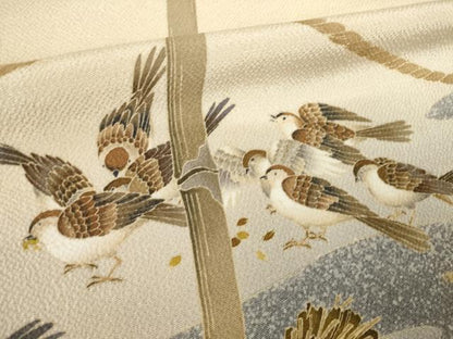 平和屋着物●友禅作家　茂野大生　訪問着　雀　すずめ　鬼しぼ縮緬　正絹　逸品　AABK4463ck