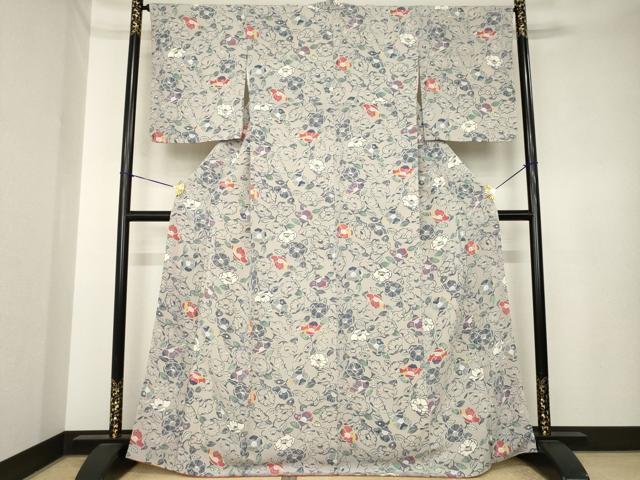平和屋着物●上質な小紋　型染め　椿　鬼しぼ縮緬　正絹　逸品　AABK4464ck