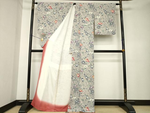 平和屋着物●上質な小紋　型染め　椿　鬼しぼ縮緬　正絹　逸品　AABK4464ck