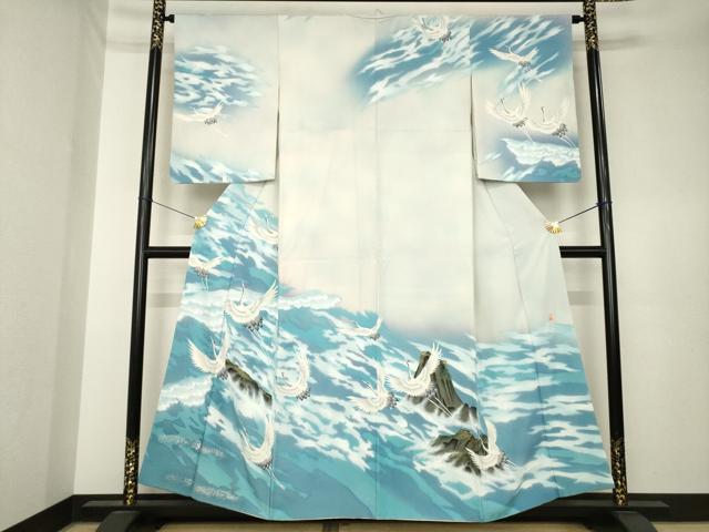 平和屋着物●近代日本画の巨匠　横山大観　じゅらく謹製　訪問着　飛鶴立波文　暈し染め　金彩　正絹　逸品　AABK4467ck