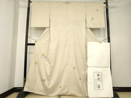 平和屋着物●京都祇園の老舗　ぎをん齋藤　訪問着　紬地　総刺繍　クローバー　たとう紙付き　正絹　逸品　AABK4478ck