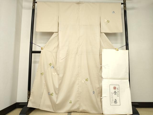 平和屋着物●京都祇園の老舗　ぎをん齋藤　訪問着　紬地　総刺繍　クローバー　たとう紙付き　正絹　逸品　AABK4478ck