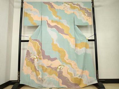 平和屋着物●創業460年・千總　訪問着　駒刺繍　道長扇面花文　金彩　東武百貨店扱い　正絹　逸品　AABK4479ck