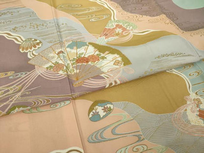 平和屋着物●創業460年・千總　訪問着　駒刺繍　道長扇面花文　金彩　東武百貨店扱い　正絹　逸品　AABK4479ck