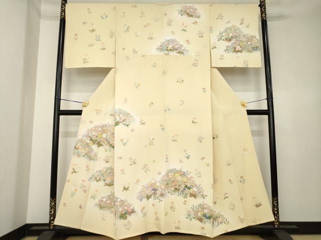 平和屋着物●訪問着　駒刺繍　草花文　丹後ちりめん　反端付き　正絹　逸品　AABK4482ck