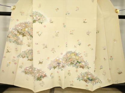 平和屋着物●訪問着　駒刺繍　草花文　丹後ちりめん　反端付き　正絹　逸品　AABK4482ck