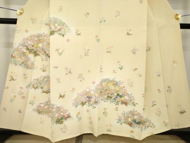 平和屋着物●訪問着　駒刺繍　草花文　丹後ちりめん　反端付き　正絹　逸品　AABK4482ck