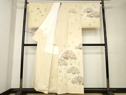 平和屋着物●訪問着　駒刺繍　草花文　丹後ちりめん　反端付き　正絹　逸品　AABK4482ck