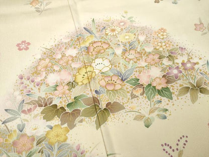 平和屋着物●訪問着　駒刺繍　草花文　丹後ちりめん　反端付き　正絹　逸品　AABK4482ck