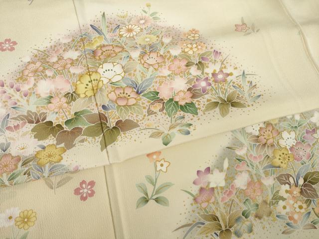 平和屋着物●訪問着　駒刺繍　草花文　丹後ちりめん　反端付き　正絹　逸品　AABK4482ck