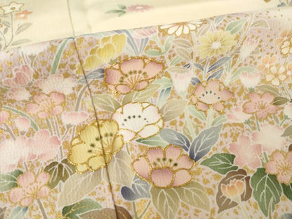 平和屋着物●訪問着　駒刺繍　草花文　丹後ちりめん　反端付き　正絹　逸品　AABK4482ck