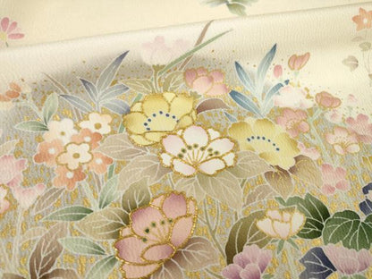平和屋着物●訪問着　駒刺繍　草花文　丹後ちりめん　反端付き　正絹　逸品　AABK4482ck