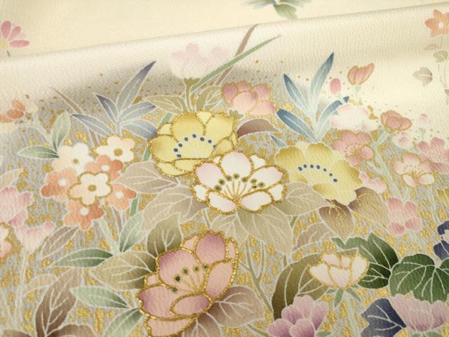 平和屋着物●訪問着　駒刺繍　草花文　丹後ちりめん　反端付き　正絹　逸品　AABK4482ck