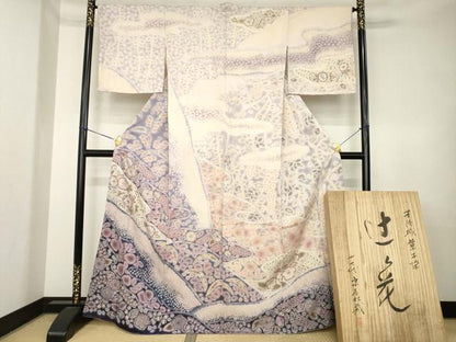 平和屋本店●十七代京屋林蔵　訪問着　本場結城紬地　辻が花　総絞り　共箱付き　正絹　逸品　AABK4488ck