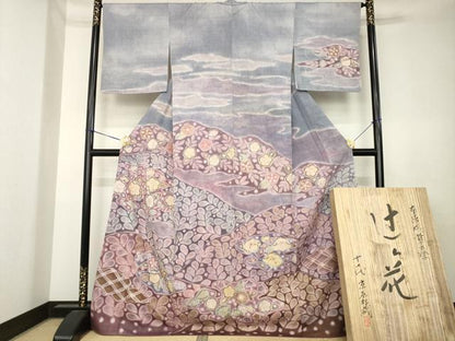 平和屋本店●十七代京屋林蔵　訪問着　本場結城紬地　辻が花　総絞り　共箱付き　正絹　逸品　AABK4489ck