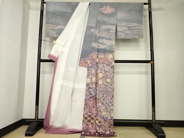平和屋本店●十七代京屋林蔵　訪問着　本場結城紬地　辻が花　総絞り　共箱付き　正絹　逸品　AABK4489ck