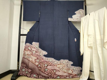 平和屋着物●十七代京屋林蔵　訪問着　長襦袢(無双仕立て)セット　辻が花　絞り　流水花文　銀通し地　正絹　逸品　AABK4500ck