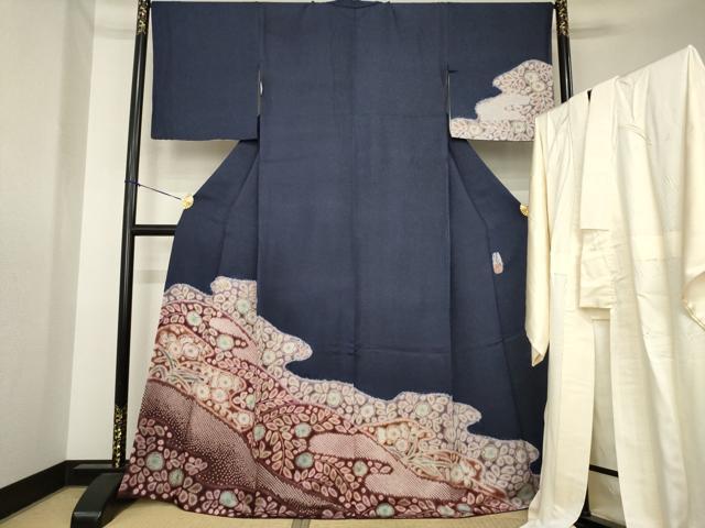 平和屋着物●十七代京屋林蔵　訪問着　長襦袢(無双仕立て)セット　辻が花　絞り　流水花文　銀通し地　正絹　逸品　AABK4500ck