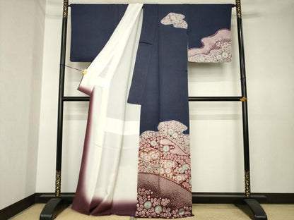 平和屋着物●十七代京屋林蔵　訪問着　長襦袢(無双仕立て)セット　辻が花　絞り　流水花文　銀通し地　正絹　逸品　AABK4500ck
