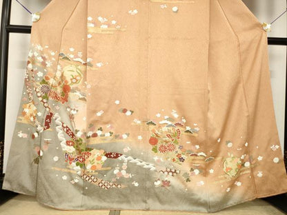 平和屋着物●訪問着　吉祥花蝶丸文　暈し染め　金彩　正絹　逸品　AABK4502ck