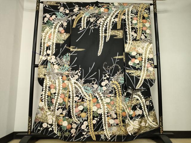 平和屋着物●豪華振袖　駒刺繍　草花文　黒地　金彩　正絹　逸品　AABK4512ck