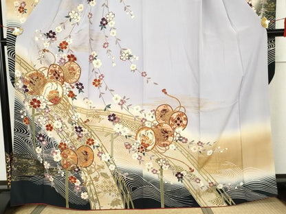 平和屋着物●豪華振袖　駒刺繍　渡り橋花鼓文　暈し染め　金彩　正絹　逸品　AABK4521cs