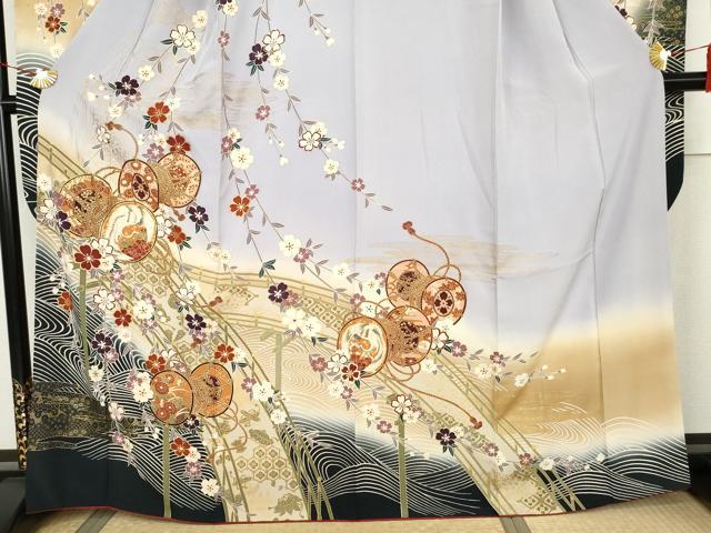 平和屋着物●豪華振袖　駒刺繍　渡り橋花鼓文　暈し染め　金彩　正絹　逸品　AABK4521cs