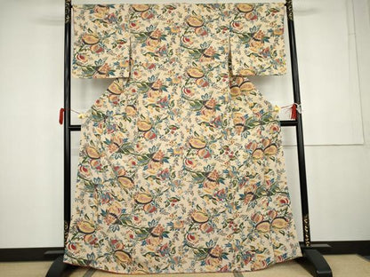 平和屋着物●上質な小紋　型染め　更紗花文　正絹　逸品　AABK4531cs