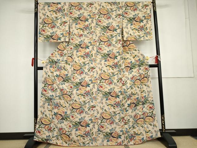 平和屋着物●上質な小紋　型染め　更紗花文　正絹　逸品　AABK4531cs
