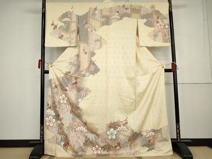 平和屋着物●訪問着　松竹梅文　金彩　ロング丈　正絹　逸品　AABK4533cs