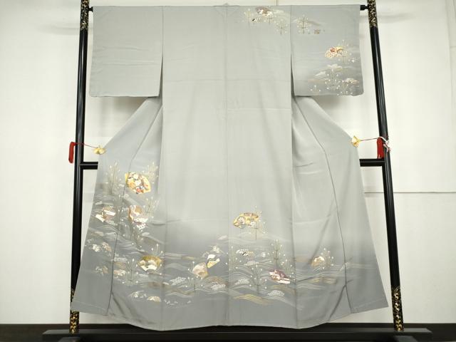 平和屋着物●訪問着　駒刺繍　立波地紙風景文　暈し染め　金彩　鈴乃屋扱い　正絹　逸品　未使用　AABK4534cs