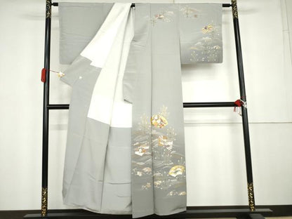 平和屋着物●訪問着　駒刺繍　立波地紙風景文　暈し染め　金彩　鈴乃屋扱い　正絹　逸品　未使用　AABK4534cs