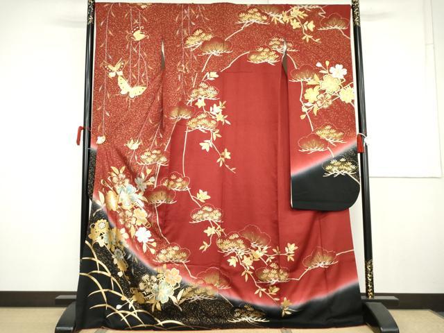 平和屋着物●豪華振袖　花蝶松文　暈し染め　金銀彩　ロング丈　正絹　逸品　AABK4544cs