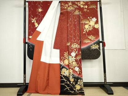 平和屋着物●豪華振袖　花蝶松文　暈し染め　金銀彩　ロング丈　正絹　逸品　AABK4544cs