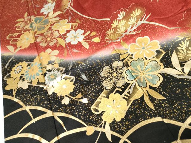 平和屋着物●豪華振袖　花蝶松文　暈し染め　金銀彩　ロング丈　正絹　逸品　AABK4544cs