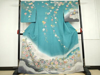 平和屋着物●訪問着　絞り　竜田川草花文　暈し染め　金彩　正絹　逸品　AABK4547cs