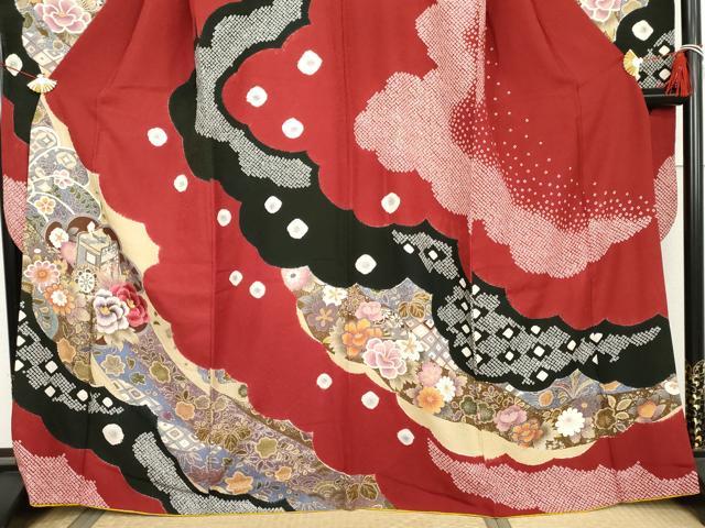 平和屋着物●豪華振袖　絞り　駒刺繍　御所車吉祥草花文　金糸　金銀彩　正絹　逸品　AABK4553cs
