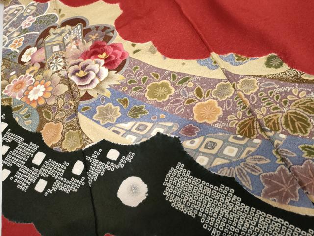 平和屋着物●豪華振袖　絞り　駒刺繍　御所車吉祥草花文　金糸　金銀彩　正絹　逸品　AABK4553cs