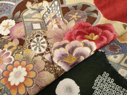 平和屋着物●豪華振袖　絞り　駒刺繍　御所車吉祥草花文　金糸　金銀彩　正絹　逸品　AABK4553cs