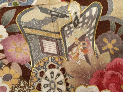 平和屋着物●豪華振袖　絞り　駒刺繍　御所車吉祥草花文　金糸　金銀彩　正絹　逸品　AABK4553cs