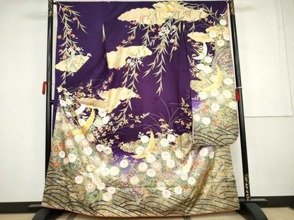 平和屋着物●豪華振袖　駒刺繍　飛鶴草花文　暈し染め　金銀彩　正絹　逸品　AABK4556cs