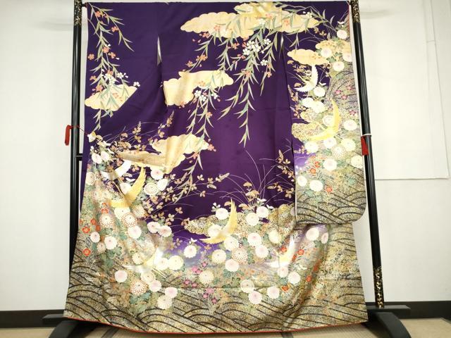 平和屋着物●豪華振袖　駒刺繍　飛鶴草花文　暈し染め　金銀彩　正絹　逸品　AABK4556cs
