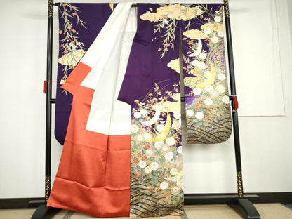 平和屋着物●豪華振袖　駒刺繍　飛鶴草花文　暈し染め　金銀彩　正絹　逸品　AABK4556cs