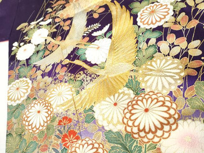 平和屋着物●豪華振袖　駒刺繍　飛鶴草花文　暈し染め　金銀彩　正絹　逸品　AABK4556cs