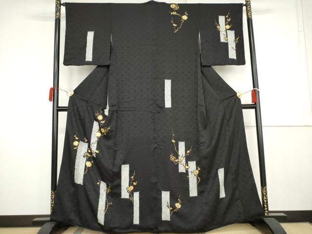 平和屋着物●訪問着　絞り　駒刺繍　竹屋町刺繍　枝梅　黒地　金彩　正絹　逸品　AABK4557cs