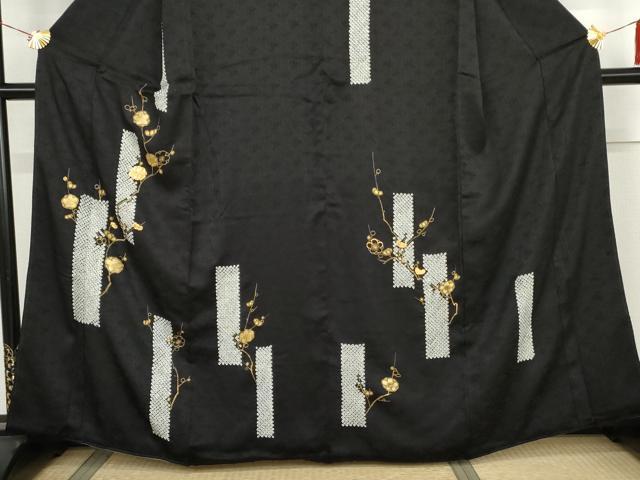 平和屋着物●訪問着　絞り　駒刺繍　竹屋町刺繍　枝梅　黒地　金彩　正絹　逸品　AABK4557cs
