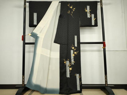 平和屋着物●訪問着　絞り　駒刺繍　竹屋町刺繍　枝梅　黒地　金彩　正絹　逸品　AABK4557cs