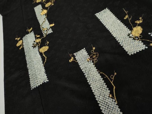 平和屋着物●訪問着　絞り　駒刺繍　竹屋町刺繍　枝梅　黒地　金彩　正絹　逸品　AABK4557cs